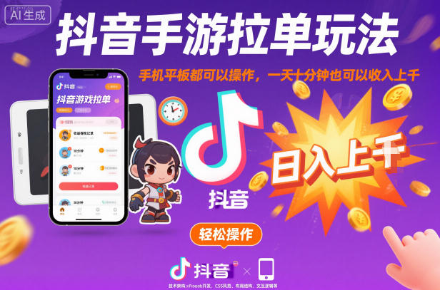 抖音手游拉单玩法,手机平板都可以操作,一天十分钟也可以收入上K-初遇资源网
