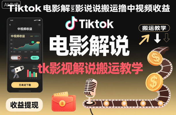 Tiktok电影解说搬运撸中视频收益,tk影视解说搬运教学-初遇资源网