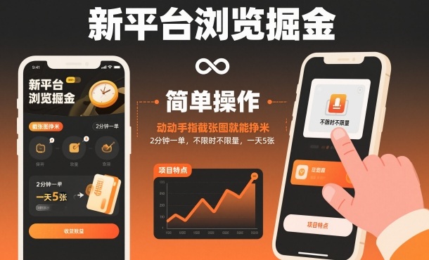 新平台浏览掘金，动动手指截张图就能挣米，2分钟一单，不限时不限量，一天5张-初遇资源网