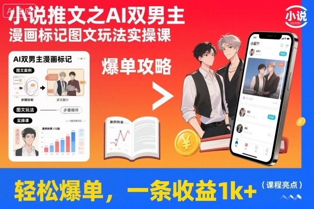 小说推文之AI双男主漫画标记图文玩法实操课,轻松爆单,一条收益1k+-初遇资源网