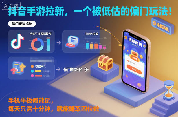 抖音手游拉新,一个被低估的偏门玩法!手机平板都能玩,每天只需十分钟,就能賺取四位数-初遇资源网