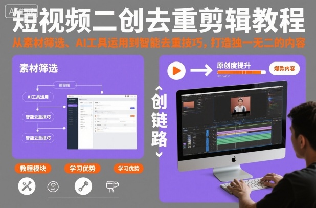 短视频二创去重剪辑教程,从素材筛选、AI工具运用到智能去重技巧,打造独一无二的内容-初遇资源网