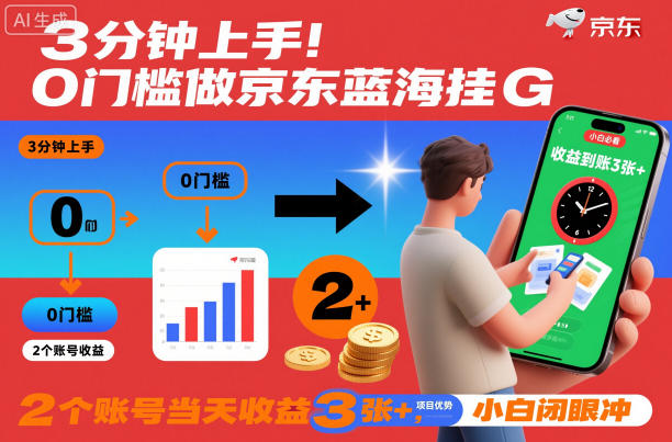 3分钟上手!0门槛做京东蓝海全自动掘金,2个账号当天收益3张+,小白闭眼冲-初遇资源网