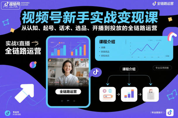 视频号新手实战变现课,从认知、起号、话术、选品、开播到投放的全链路运营-初遇资源网