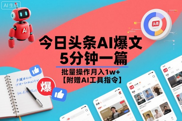 今日头条AI爆文,5分钟一篇,批量操作月入1w+【附赠AI工具指令】-初遇资源网