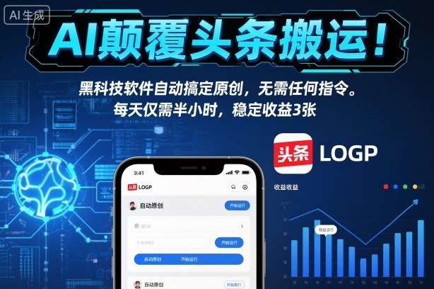 AI颠覆头条搬运!黑科技软件自动搞定原创,无需任何指令。每天仅需半小时,稳定收益3张-初遇资源网