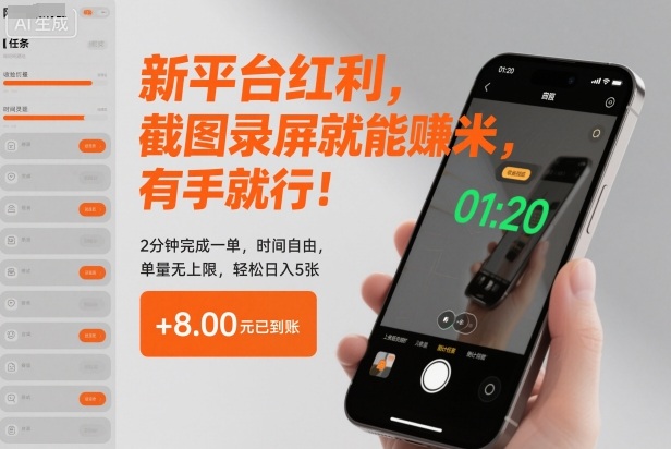新平台红利，截图录屏就能賺米，有手就行！2分钟完成一单，时间自由，单量无上限，轻松日入5张-初遇资源网