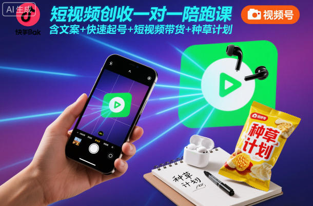 短视频创收一对一陪跑课,含文案+快速起号+短视频带货+种草计划-初遇资源网