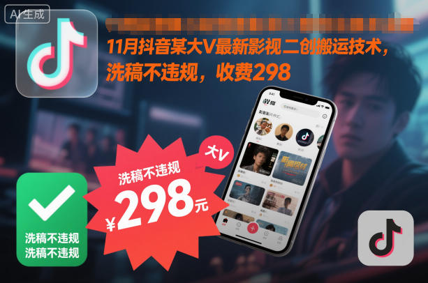 11月抖音某大V最新影视二创搬运技术,洗稿不违规,收费298-初遇资源网