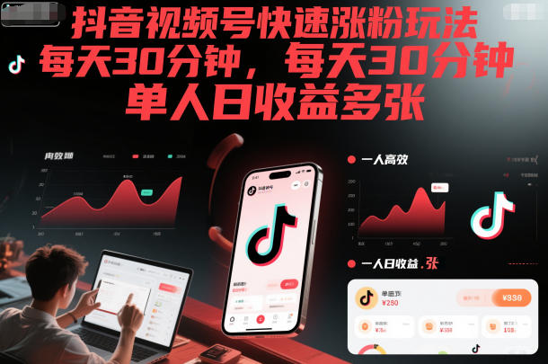 抖音视频号快速涨粉玩法,每天30分钟,单人日收益多张-初遇资源网