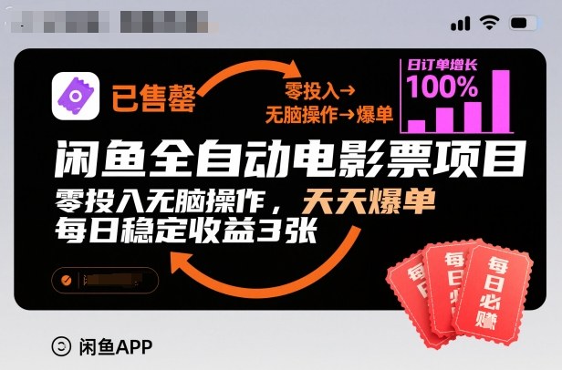 闲鱼全自动电影票项目,零投入无脑操作,天天爆单,每日稳定收益3张-初遇资源网