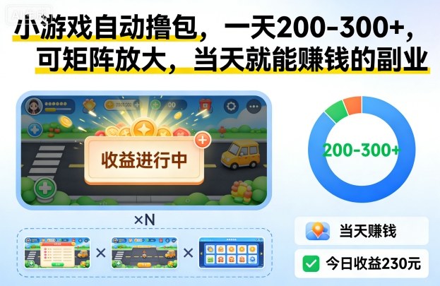 小游戏自动撸包，一天200-300+，可矩阵放大，当天就能賺钱的副业-初遇资源网