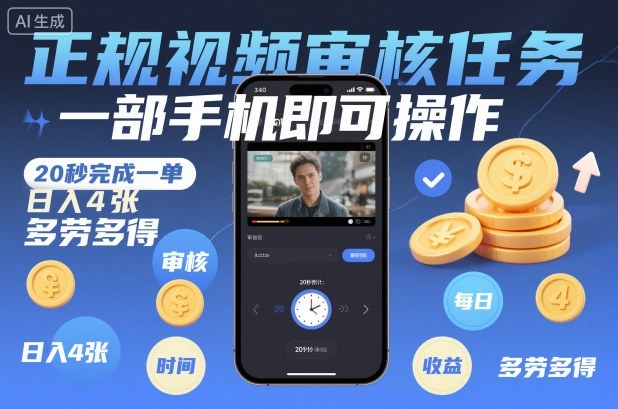 正规视频审核任务，一部手机即可操作，20秒完成一单，日入4张，多劳多得-初遇资源网