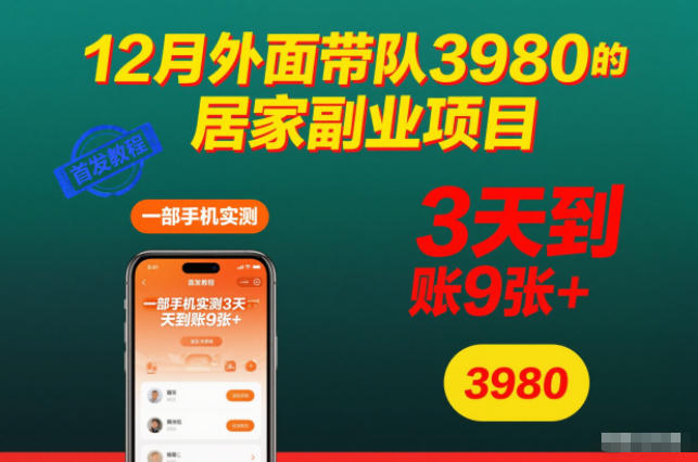 12月外面带队3980的居家副业项目,一部手机实测3天到账9张+,首发教程-初遇资源网