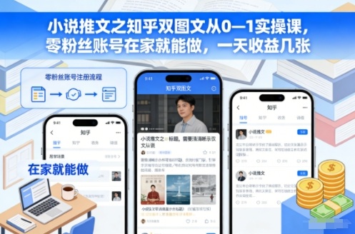 小说推文之知乎双图文从0—1实操课,零粉丝账号在家就能做,一天收益几张-初遇资源网