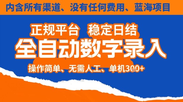 全自动数字录入,单机日入3张+,内含所有渠道全程免费零成本,操作简单可矩阵开干-初遇资源网