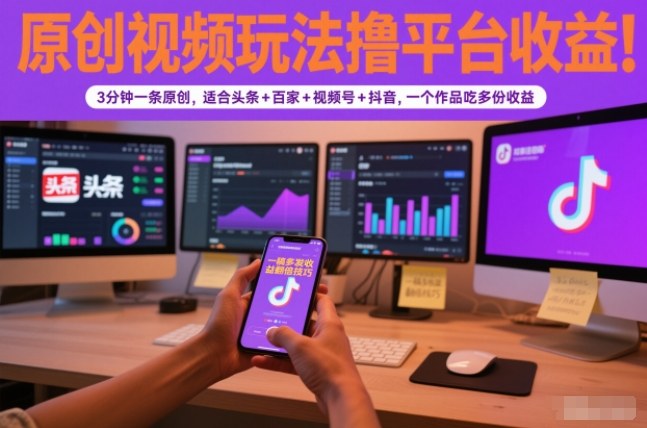 原创视频玩法撸平台收益,3分钟一条原创,适合头条+百家+视频号+抖音,一个作品吃多份收益-初遇资源网