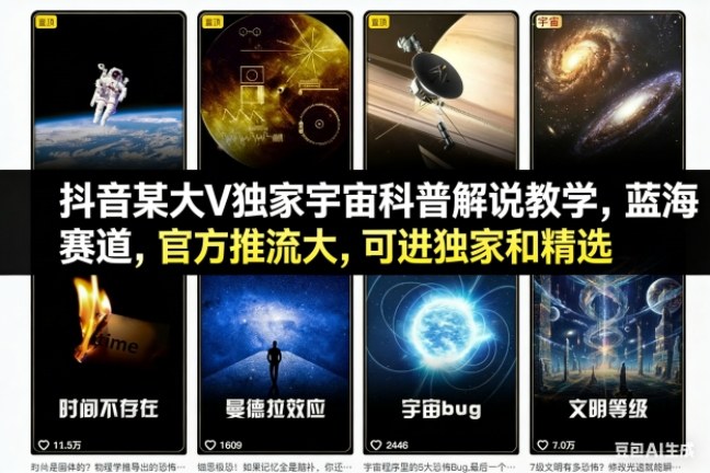 抖音某大V独家宇宙科普解说教学,蓝海赛道,官方推流大,可进独家和精选-初遇资源网