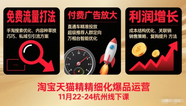 淘宝天猫精细化爆品运营11月22-24杭州线下课,免费流量打法+付费广告放大+利润增长(音频+文档)-初遇资源网