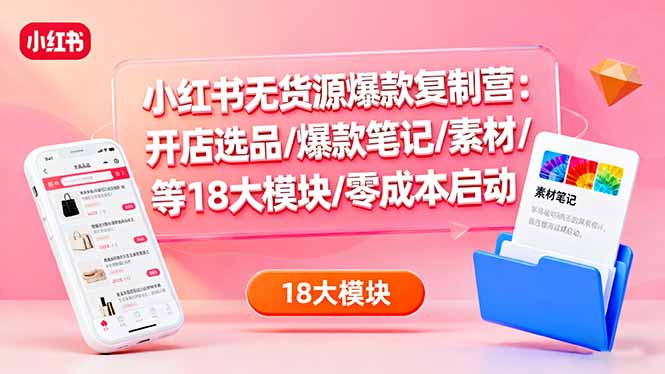 小红书无货源爆款复制营:开店选品/爆款笔记/素材/等18大模块/零成本启动-初遇资源网