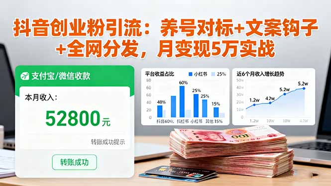 抖音创业粉引流:养号对标+文案钩子+全网分发,月变现5万实战-初遇资源网
