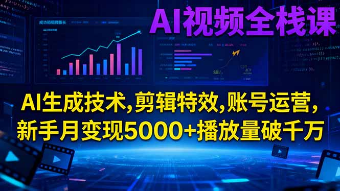 AI视频全栈课:AI生成技术,剪辑特效,账号运营,新手月变现5000+播放量破千万-初遇资源网