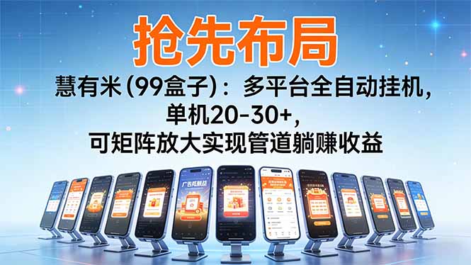 【抢先布局】慧有米(99盒子):多平台全自动挂机,单机20-30+,可矩阵放大实现管道躺赚收益-初遇资源网