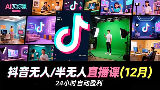 抖音无人/半无人直播课(12月),AI实景、数字人、绿幕、多种玩法、24小时自动盈利-初遇资源网