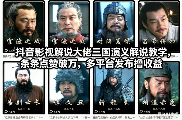 抖音影视解说大佬三国演义解说教学,条条点赞破万,多平台发布撸收益-初遇资源网