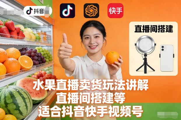 水果直播卖货玩法讲解、直播间搭建等,适合抖音快手视频号-初遇资源网