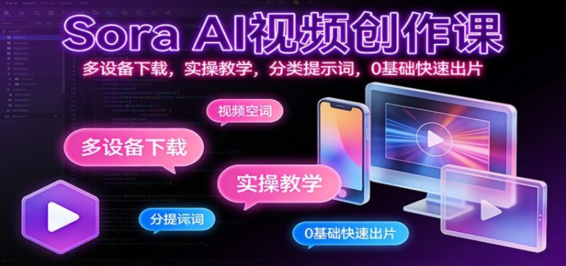 Sora AI视频创作课:多设备下载,实操教学,分类提示词,0基础快速出片-初遇资源网