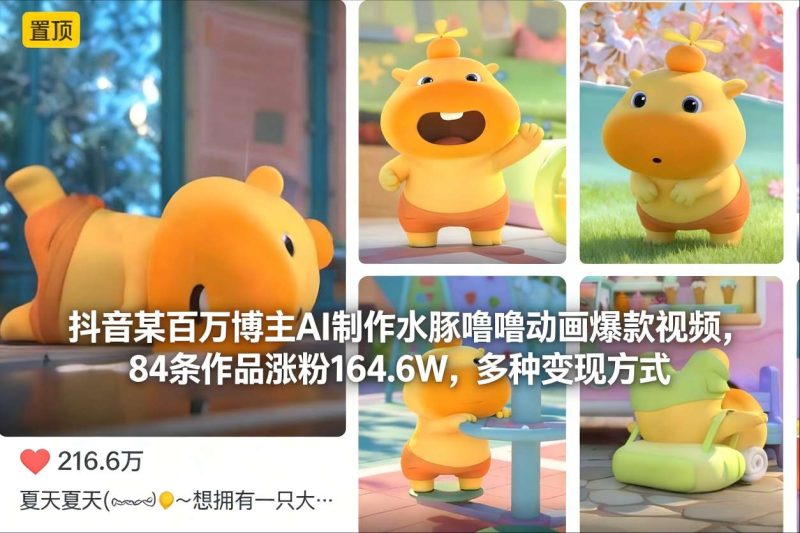 抖音某百万博主AI制作水豚噜噜动画爆款视频，84条作品涨粉164.6W，多种变现方式-初遇资源网