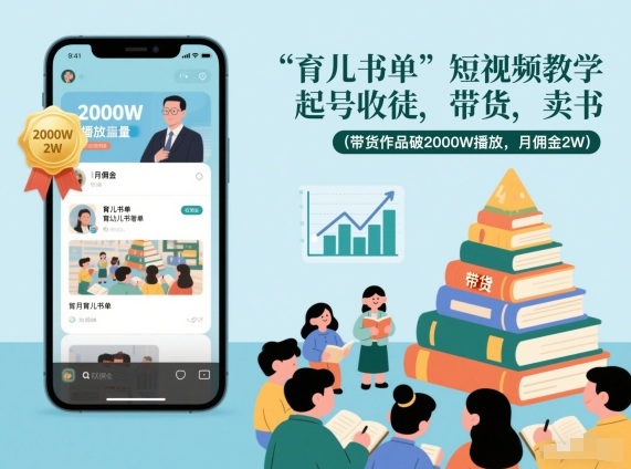 育儿书单短视频教学,起号收徒,带货,卖书(带货作品破2000W播放,月佣金2W)-初遇资源网