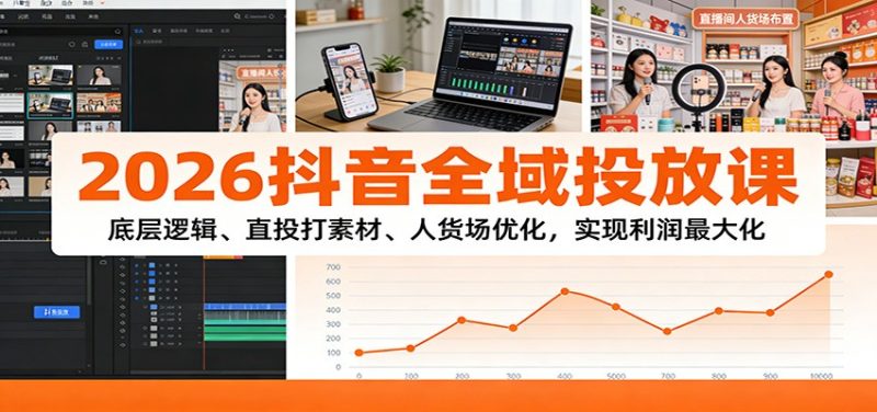 2026抖音全域投放课:底层逻辑、直投打素材、人货场优化,实现利润最大化-初遇资源网