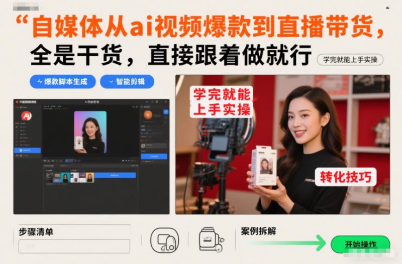 自媒体从ai视频爆款到直播带货，全是干货，直接跟着做就行，学完就能上手实操-初遇资源网
