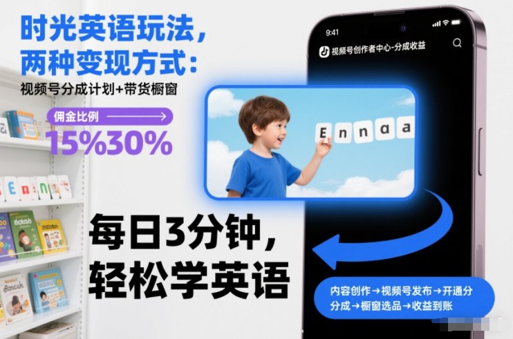 时光英语玩法,两种变现方式:视频号分成计划+带货橱窗-初遇资源网