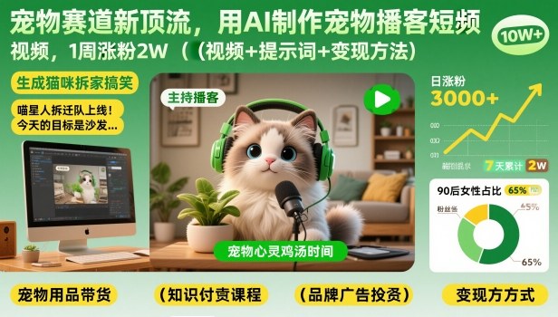 宠物赛道新顶流，用AI制作宠物播客短视频，1周涨粉2W（视频+提示词+变现方法）-初遇资源网