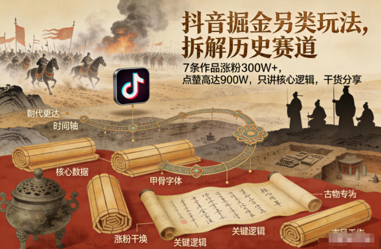 抖音掘金另类玩法,拆解历史赛道,7条作品涨粉300W+,点赞量高达900W,只讲核心逻辑,干货分享-初遇资源网