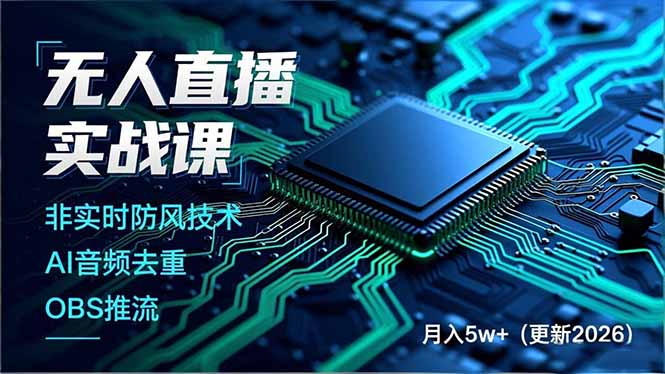 无人直播实战课,非实时防风技术、AI音频去重、OBS推流,建立技术壁垒,月入5w+(更新2026)-初遇资源网