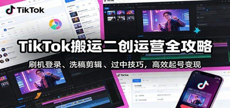 TikTok搬运二创运营全攻略:刷机登录、洗稿剪辑 、过中技巧,高效起号变现-初遇资源网