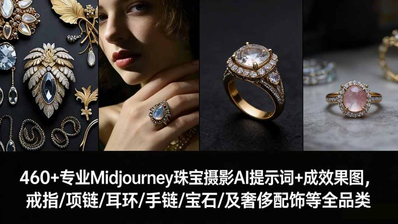 460+专业Midjourney珠宝摄影AI提示词+成效果图,戒指/项链/耳环/手链/宝石/及奢侈配饰等全品类-初遇资源网