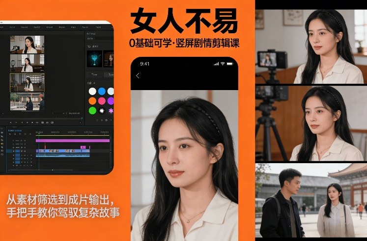 0基础可学!《女人不易》竖屏剧情剪辑课,从素材筛选到成片输出,手把手教你驾驭复杂故事-初遇资源网