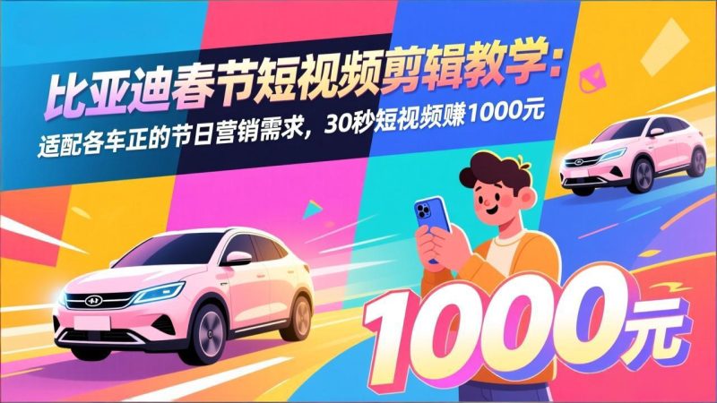 比亚迪春节短视频剪辑教学:适配各车企的节日营销需求,30秒短视频赚1000元-初遇资源网