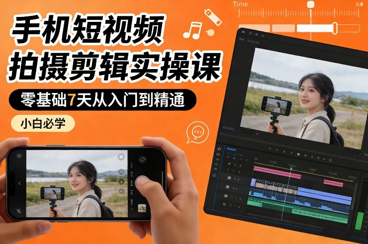 手机短视频拍摄剪辑实操课,零基础7天从入门到精通,小白必学-初遇资源网