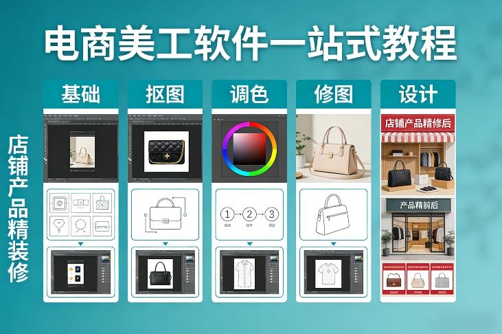 电商美工软件一站式教程,基础/抠图/调色/修图/设计,店铺产品精装修-初遇资源网