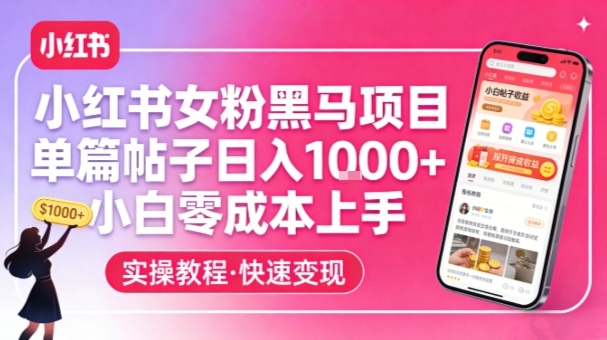 小红书女粉黑马项目,单篇帖子日入1k+,小白零成本上手-初遇资源网