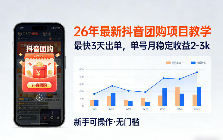 26年最新抖音团购项目教学,0门槛,最快3天出单,单号月稳定收益2-3k-初遇资源网