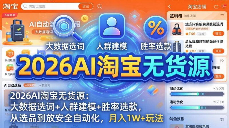 2026AI淘宝无货源：大数据选词+人群建模+胜率选款，从选品到放大全自动化，月入1W+玩法-初遇资源网