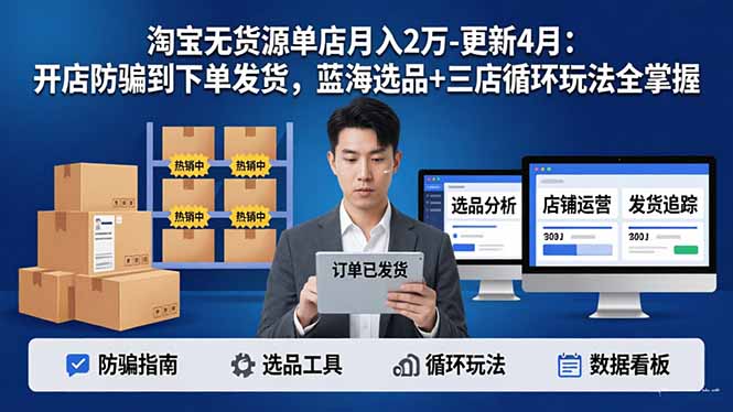 淘宝无货源单店月入2万-更新4月：开店防骗到下单发货，蓝海选品+三店循环玩法全掌握-初遇资源网