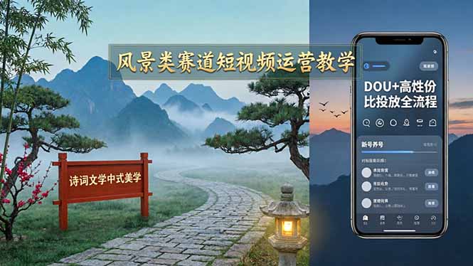 风景类赛道短视频运营教学：诗词文学中式美学，新号养号对标账号定位，DOU+高性价比投放全流程-初遇资源网